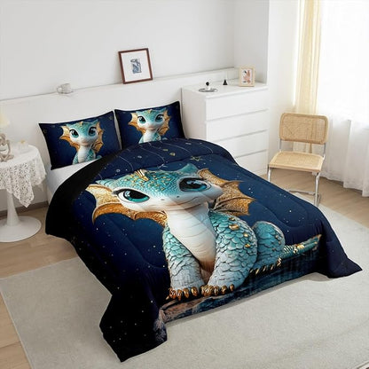 Feelyou Dragon Comforter Set Twin Size Dragon Stuff Comforter for Boys Girls Teens Wild Life Bedding Set Dragon Decor Duvet Set Room Decor Navy Blue Quilt Set
