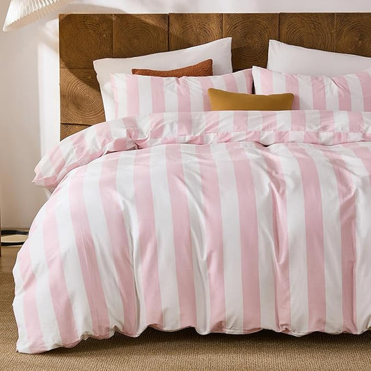 Merryword Pink and White Striped Duvet Cover Set King Size, 100% Cotton Bedding Set with Zipper Closure & 8 Corner Ties, Luxury Linen Like Bedding, Soft Breathable Comforter Cover for All Seasons