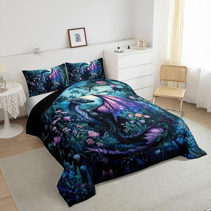 Feelyou Dragon Comforter Set Full Size Comforter for Boys Girls Teens Wild Life Bedding Set Jungle Dragon Duvet Set Room Decor Balck Blue Quilt Set
