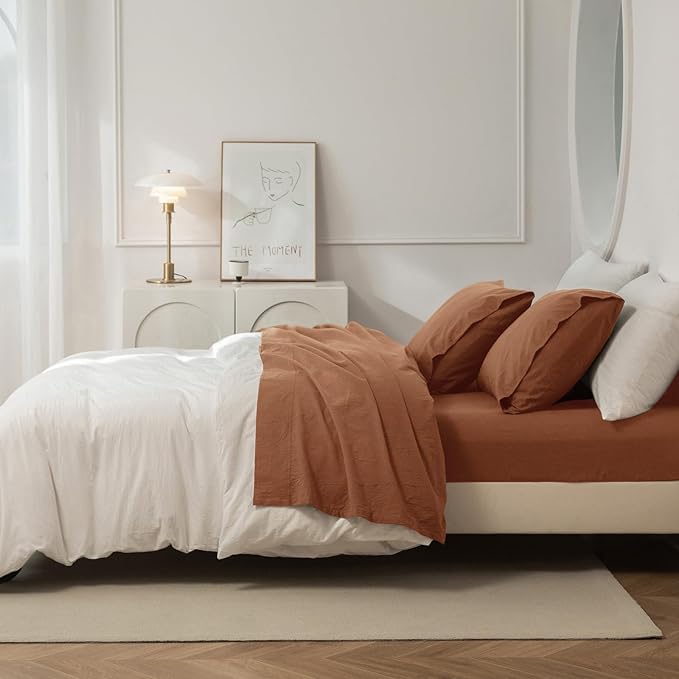 JIYUAN Twin Size Sheet Set, 3-Piece - 100% Washed Cotton, Linen-Like Soft & Breathable, Includes Deep Pocket Fitted & Flat Sheet with 1 Pillowcases, Hotel Quality, Solid Dark Orange