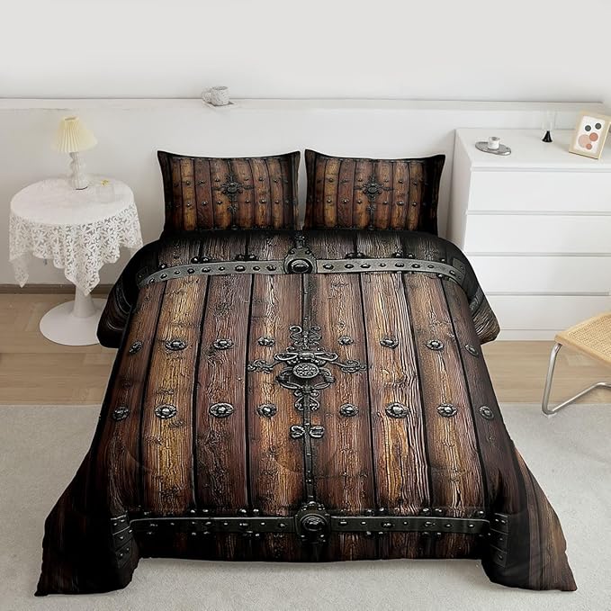 Castle Fairy Medieval Themed Wall Comforter Set,Knight Walls Bedding Set Kids Teens Modern Decor,Retro Wooden Board Comforter with 1 Pillowcase for All Seasons,Twin