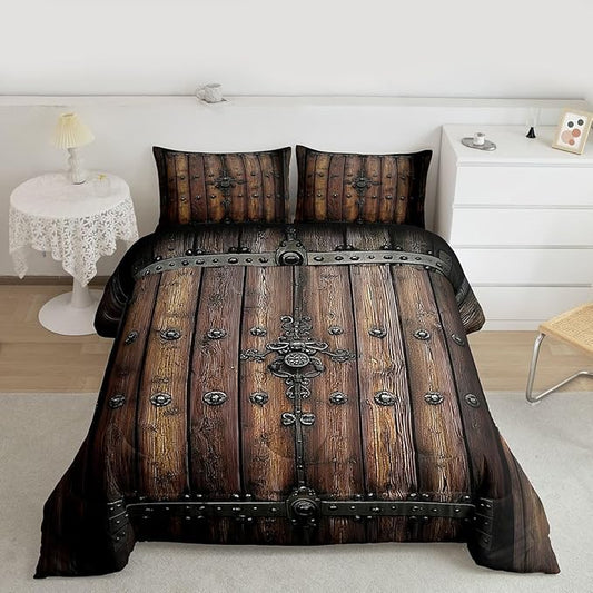 Castle Fairy Medieval Themed Wall Bed Comforter Set Queen Size,Knight Walls Super Soft Microfiber Bedding Set for Kids Room Decor,Retro Wooden Board Comforter Set,2 Pillowcases