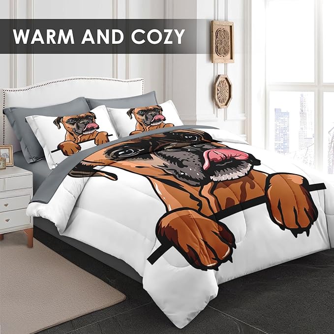 Comforter Set Full Size, Dog Funny Family 7 Pcs Bedding for Kids and Adults, Animal Cute Boxer Bed Sheet Sets with Fitted Sheet 2 Pillowcases & 2 Shams for Bedroom Bed Decor