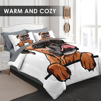 Comforter Set Full Size, Dog Funny Family 7 Pcs Bedding for Kids and Adults, Animal Cute Boxer Bed Sheet Sets with Fitted Sheet 2 Pillowcases & 2 Shams for Bedroom Bed Decor