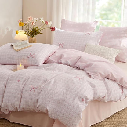 Pink Twin Comforter Set - Pink Bow Quilt Bedding Set 2 Pieces, Heart Comforter Set Twin Size, Soft & Lightweight Comforter(68‘’ x 90‘’) for Girl All Season & 1 Pillowcase(30‘’x20‘’)