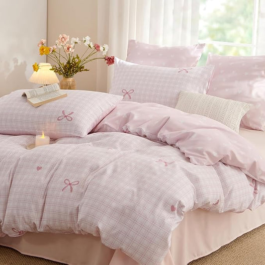 Pink Twin Comforter Set - Pink Bow Quilt Bedding Set 2 Pieces, Heart Comforter Set Twin Size, Soft & Lightweight Comforter(68‘’ x 90‘’) for Girl All Season & 1 Pillowcase(30‘’x20‘’)