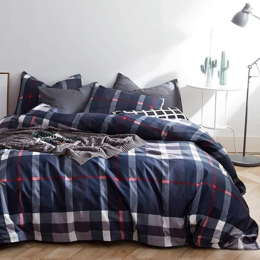Houseri Navy Blue Plaid Comforter Set - Queen Size Teen Boys Bedding with Dark Blue & White Grid Comforter, Buffalo Plaid, Tartan Checkered & Gingham Pattern