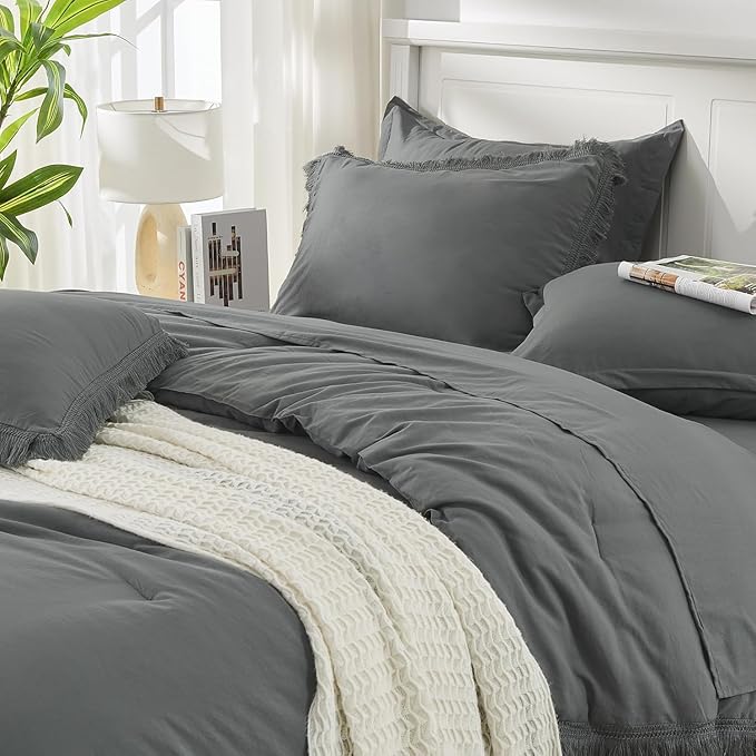 Andency Oversized King Comforter Set with Sheets 128x120 Dark Grey - 7 Pieces Bed in a Bag Boho Soft Lightweight Bedding Sets, Tassel Bed Set with Comforter, Sheets, Pillowcases & Shams