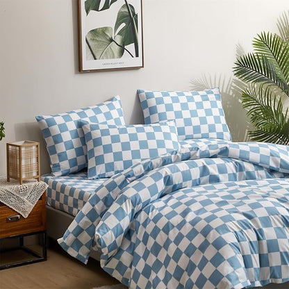 Houseri Light Blue White Plaid Twin Size Comforter Sets Boys Girls Kids Baby Blue Buffalo Checkered Bedding Set Twin Aqua Blue Grid Checkerboard Bedding Comforter Preppy Dorm Check Comforters Twin