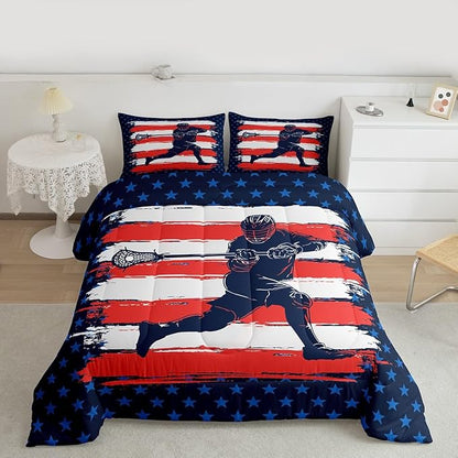 Feelyou Lacrosse Comforter Set Queen Size Boys Gilrs American Flag Sports Theme Bedding Set for Kids Adults Ultra Soft Lacrosse Player Games Comforter Navy Blue Duvet Set Room Decor Quilt Set