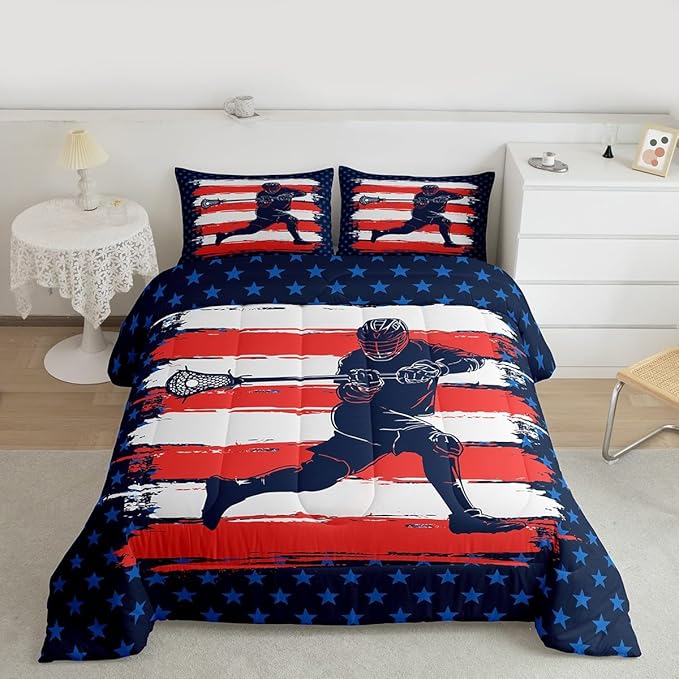 Feelyou Lacrosse Comforter Set Twin Size Boys Gilrs American Flag Sports Theme Bedding Set for Kids Adults Ultra Soft Lacrosse Player Games Comforter Navy Blue Duvet Set Room Decor Quilt Set
