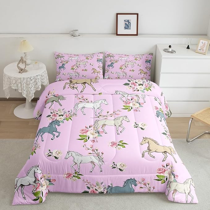 Erosebridal Horse Comforter Set Queen Rose Bedding Set for Girls Boys Kids Teens Western Cowboy Cowgirls Wild Animal Floral Down Comforter Cute Horses Flower Duvet Insert Lightweight, Pink