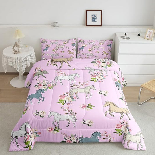 Erosebridal Horse Comforter Set Queen Rose Bedding Set for Girls Boys Kids Teens Western Cowboy Cowgirls Wild Animal Floral Down Comforter Cute Horses Flower Duvet Insert Lightweight, Pink