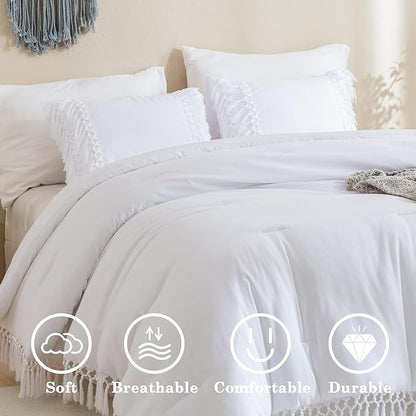 Andency White Comforter Set Queen, 3 Pieces Boho Tassel Lightweight Soft Bedding Comforter Sets, All Season Fluffy Fringe Bed Set (90x90In Comforter & 2 Pillowcases)