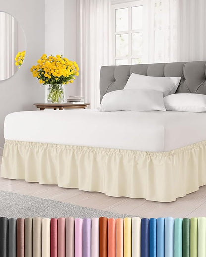 Wrap Around Dust Ruffle Bed Skirt - Off White - for Full Size Beds w/ 12 Inch Drop - Easy Fit Elastic Strap - Adjustable Pleated Bedskirt w/Brushed Fabric - Wrinkle Free - Women, Men, Kids & Teens