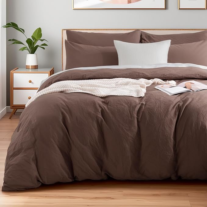 NEXHOME PRO Queen Duvet Cover Set, 100% Certified Organic Cotton with Washed Feel & Linen-Like Texture, Comfortable & Breathable, Home Bedding Set Dark Brown (No Comforter) 90" 90"