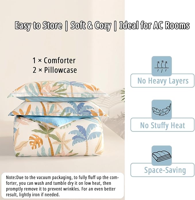 Tropical Coastal Blue Cotton Comforter Queen Size 3Pcs - Bright Orange, Olive Green & Beige Palm and Leaf Patterns, Botanical Lightweight Reversible Bedding Sets with Soft Fill(90"×90")