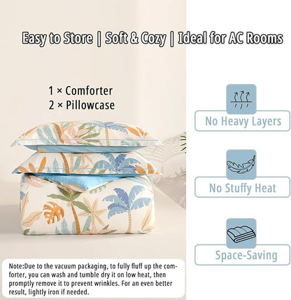 Tropical Coastal Blue Cotton Comforter Queen Size 3Pcs - Bright Orange, Olive Green & Beige Palm and Leaf Patterns, Botanical Lightweight Reversible Bedding Sets with Soft Fill(90"×90")
