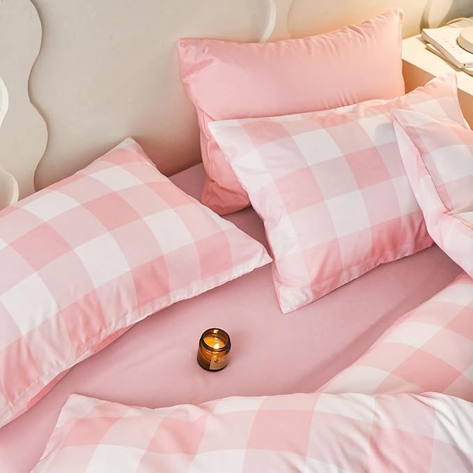 Wake In Cloud - Gingham Comforter Set, Plaid Buffalo Check Checkered Cottagecore Cute Geometric, Soft Lightweight Bedding, 3 Pieces, Pink, Full Size