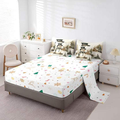 Winter Farmhouse Style Comforter Set Bed in a Bag 7 Pieces Queen,Cartoon 3D Snowman Rustic Pinecone Bedding Set,Merry Christmas (Comforter+Fitted+Flat Sheet+2 Pillowcases+2 Throw Pillow Covers)