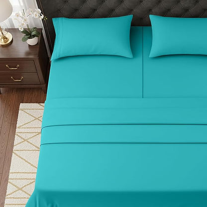 Elegant Comfort Luxurious 1500 Premium Hotel Quality Microfiber Three Line Embroidered Softest 5-Piece Bed Sheet Set, Wrinkle And Fade Resistant, Split King, Turquoise