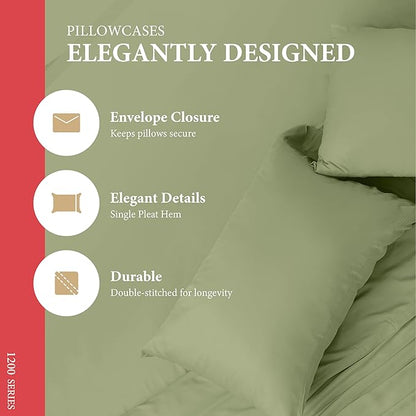 Ashton Sheets 100% Egyptian Cotton Sheets California King Size - 1200 Thread Count Cal King Sheet Set Egyptian Cotton, 4 PC Luxury Bedsheet (Sage Green), Soft, Cooling, 17" Deep Pocket Bedsheet Set
