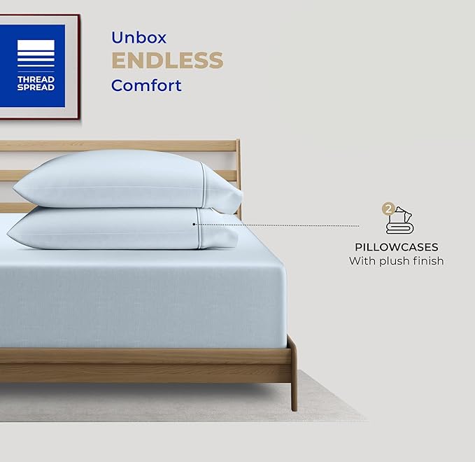THREAD SPREAD 100% Cotton King Size Pillow Cases Set of 2 - Luxury 400 Thread Count Pillow Cases King Size (Light Blue), Soft Cooling Breathable & Durable Sateen Weave Hotel Quality Cotton Pillowcases