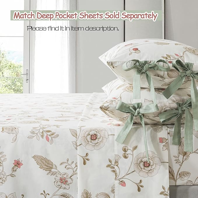 FADFAY Twin XL Duvet Cover Set Floral Bedding Set 100% Cotton College Bedding for Dorm Room Beige Green Reversible Comforter Cover Pink Flower School Students Soft Luxury Shabby 3Pcs, Twin Extra Long