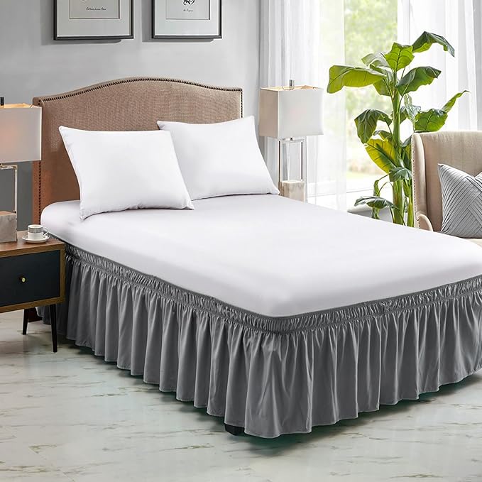 FreshCulture Elastic Wrap Around Bed Skirt - Easy Fit with 18-Inch Tailored Drop, Hotel Quality Dust Ruffle for Full Size Bed (Dark Grey)