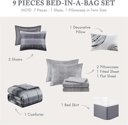 Madison Park Essentials Full Comforter Set, Bed in a Bag, Watercolor Print Coastal Comforter & Chambray Cotton Sheet Set, All Season Bedding Set, Saben, Black Full (78 in x 86 in) 9 Piece