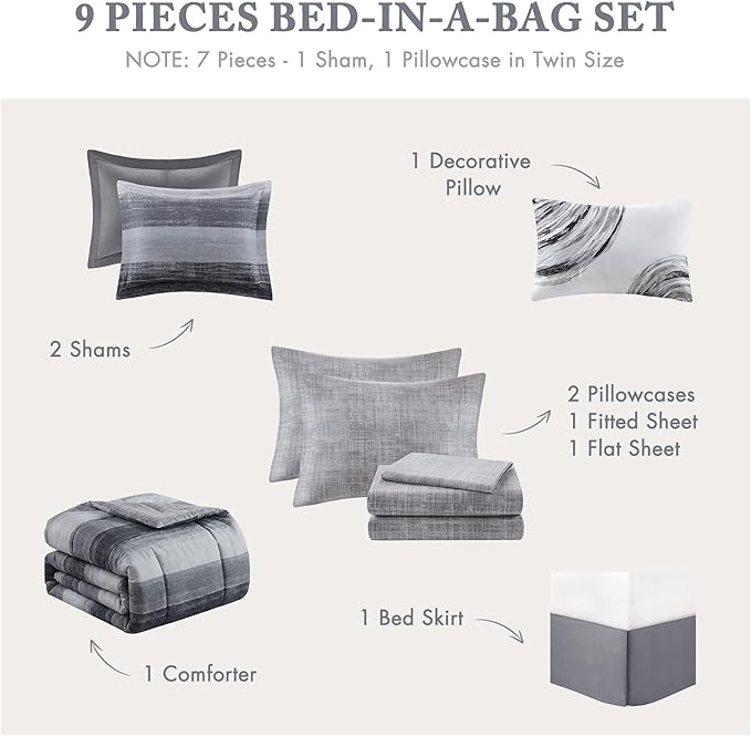 Madison Park Essentials Queen Comforter Set, Bed in a Bag, Watercolor Print Coastal Comforter & Chambray Cotton Sheet Set, All Season Bedding Set, Saben, Black Queen (90 in x 90 in) 9 Piece
