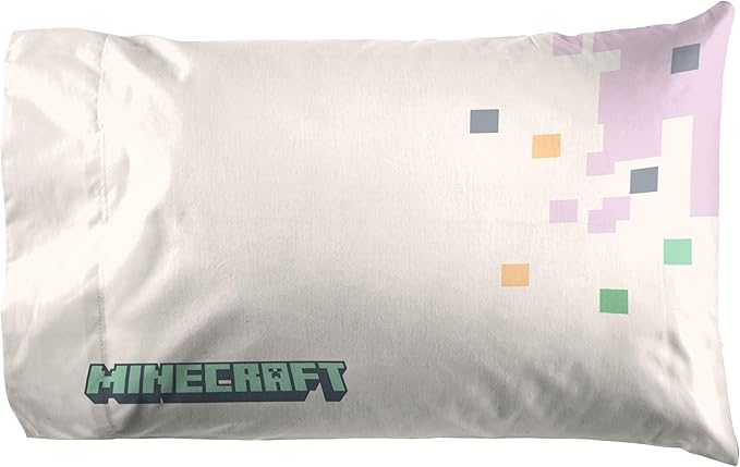 Jay Franco Kids Sheet Cartoon Set with Fitted, Flat Sheets & Pillow Cover - Ultra-Soft Bedding with Pillowcase for Room Decor, Pink - Minecraft, 3 Piece Twin