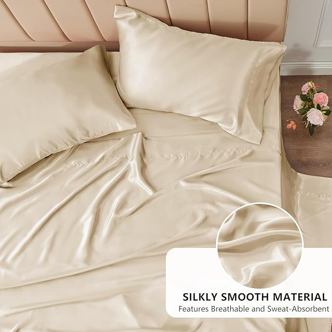 CozyLux Satin Sheets Full Size Sheets - 4 Piece Silky Full Size Bed Sheets, Luxury Champagne Full Bed Set with Smooth and Soft Microfiber, Includes 1 Fitted Sheet, 1 Flat Sheet and 2 Pillowcases