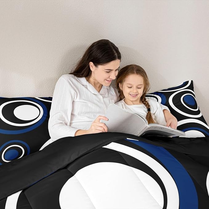 Erosebridal Black Blue Vortex King Bedding Set Chic Geometric Abstract Mens Comforter Set for Adult Women Men Striped Aesthetic Circles Bed Collections Boho Modern Duvet Quilt Sets
