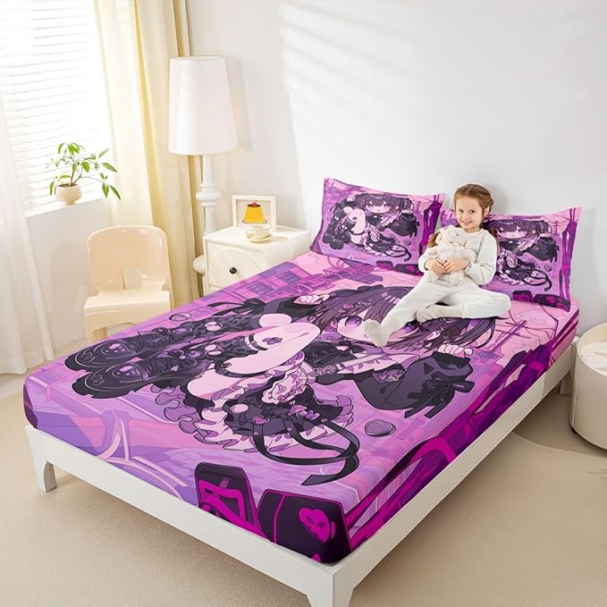 Erosebridal Kawaii Anime Girl Fitted Sheet Full 3D Japanese Style Bed Sheets for Boys Girls Uniform Girls Bed Set Girly Anime Gift Sheets with 2 Pillowcases