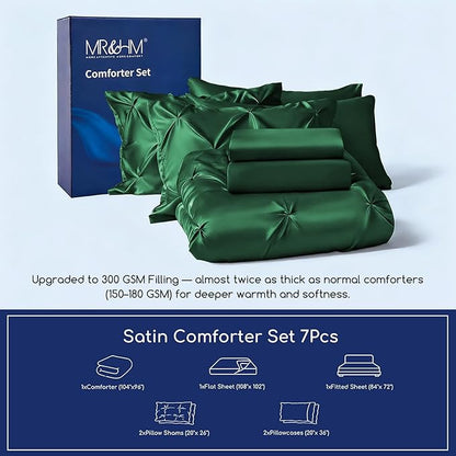 MR&HM Satin Comforter California King 7 Pieces Dark Green - Luxurious Pinch Pleat Bedding Set with Comforter, Flat Sheet, Fitted Sheet, Pillowcases & Shams, Super Silky Soft Bed Set for All Season