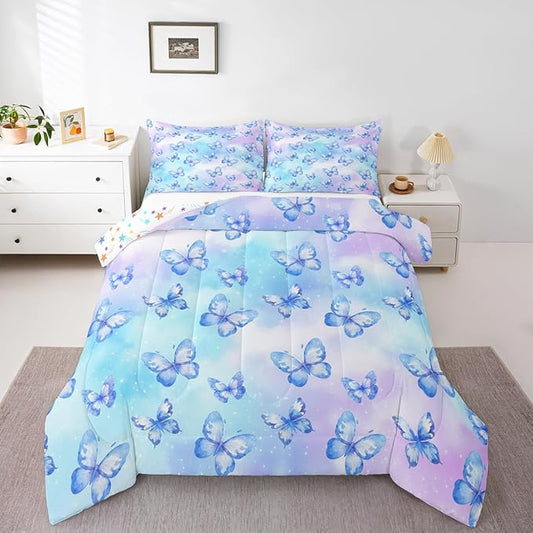 Erosebridal Pink Blue Butterfly Bedding King,Watercolor 3D Printed Comforter Set Purple Colorful Rainbow Bed Sets Fantasy Dreamy Princess Duvet Insert 3 Pieces