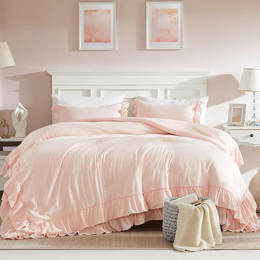 Cupocupa Pink Ruffle King Size Comforter Set, Shabby Chic Boho Bedding Comforter Sets, Fluffy Cozy Bedding Comforters & Sets for All Season, 3PCS Lightweight Farmhouse Rustic Bedding Sets