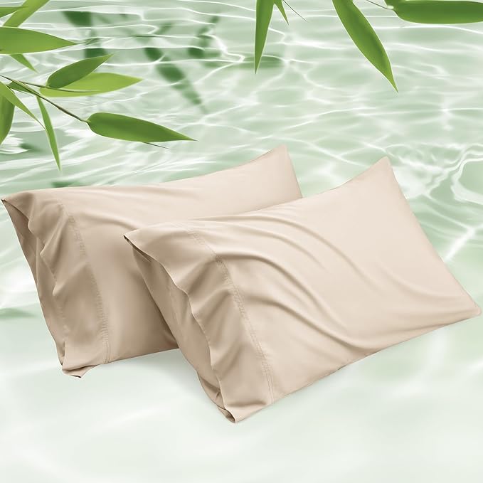 Bedsure Pillow Cases Standard Size, Cooling Pillow Cases, Rayon Derived from Bamboo Beige Pillowcases Standard Set of 2, PureWoven Silky Soft Bedding Pillow Covers with Envelope Closure, 20x26 Inches