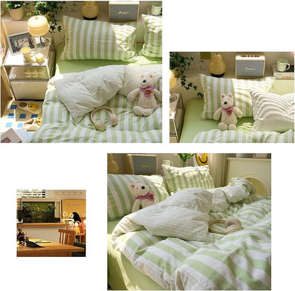 Green Striped Duvet Cover Twin XL Boho Cute Comforter Cover Twin XL Farmhouse Coquette Vintage Soft Duvet Cover Set with 2 Pillowcases College Bedding for Boys Washed Microfiber Duvet Protector