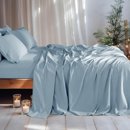 LBRO2M 100% Pure Linen Sheet Set Deep Pocket Up to 16" Bed Sheets Sets, Natural Flax Beddings Soft, Breathable, Comfortable for All Seasons 6 Pcs Sheet Set Cal King Size, Dusty Blue