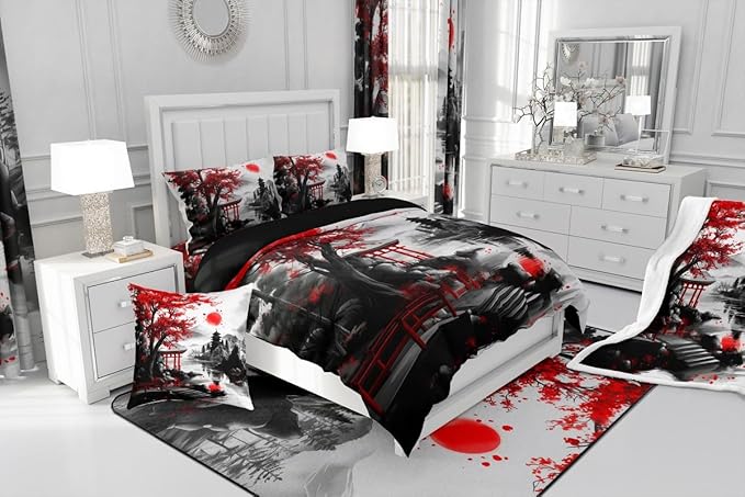 Feelyou Japanese Style Bedding Set Queen Size Cherry Blossom Duvet Cover for Adult Kids Boys Girls Watercolor Comforter Cover Set Natural Landscape Bedspread Cover 3Pcs Zipper