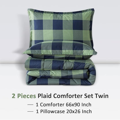 Andency Green Plaid Comforter Twin(66x90Inch), 2 Pieces (1 Comforter, 1 Pillowcase) Buffalo Checkered Gingham Bed Set, Soft Geometric Bedding for Boys
