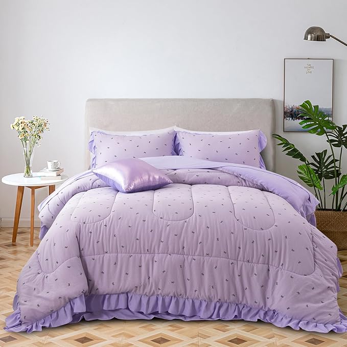 A Nice Night Delicate Bows Print On Purple Background Bedding Set,Ruffle 6 Piece Bed in a Bag Matching Sheet Set,Princess Style Chic Bowknot Printed,Full