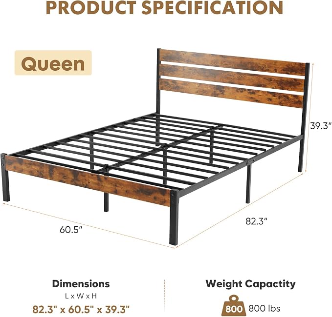OLIXIS Queen Platform Bed Frame with Wooden Headboard and Footboard, Heavy Duty Metal Slat Mattress Base, 800 LBS Weight Capacity, Sturdy Stable Structure, No Box Spring Needed, Quick Simple Assembly