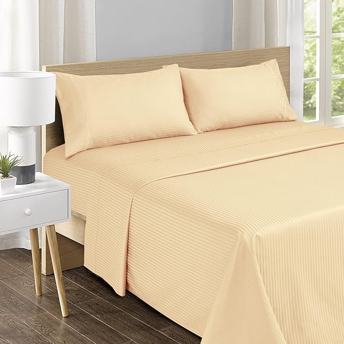 Feather & Stitch 500 TC King Size Damask Bed Sheet Set, 100% Cotton Soft Breathable Bedsheets, 4 Piece 18" Deep Pockets Sateen Weave Striped Bedding Mattress Resort Hotel Luxury- (Semolina Stripe)
