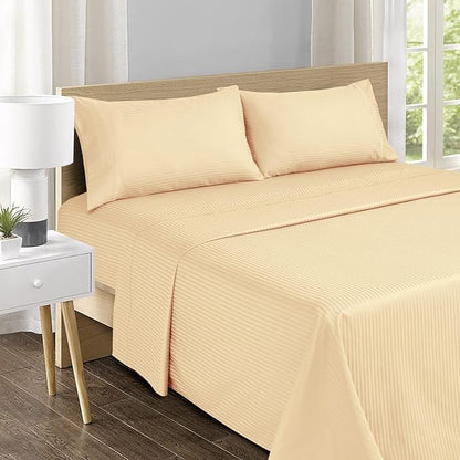Feather & Stitch 500 TC Full Size Damask Bed Sheet Set, 100% Cotton Soft Breathable Bedsheets, 4 Piece 18" Deep Pockets Sateen Weave Striped Bedding Mattress Resort Hotel Luxury - (Semolina Stripe)