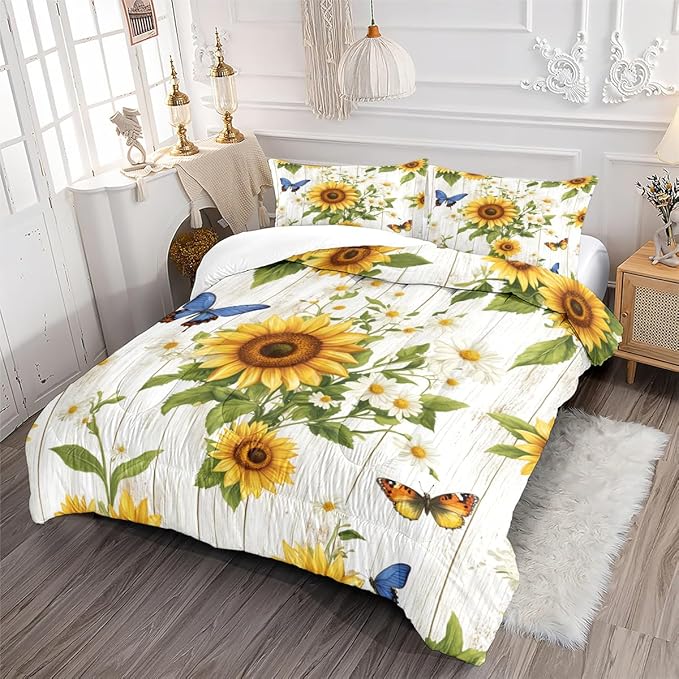 Farmhouse Sunflower Comforter Set Queen White Daisy Bedding Set for Girls Boys Kids Gardern Rustic Botanical Flower Comforter Flowers Butterfly Bedding Soft Lightweight Comforter Sets