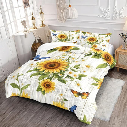 Farmhouse Sunflower Comforter Set Queen White Daisy Bedding Set for Girls Boys Kids Gardern Rustic Botanical Flower Comforter Flowers Butterfly Bedding Soft Lightweight Comforter Sets