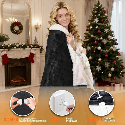 Electric Heated Blanket Throw Size 50''x60''-Control Heating Blanket, Soft & Warm Flannel 10-Level Temperature Control, 8 Hours Auto Off, Rapid Heating & Overheat Protection